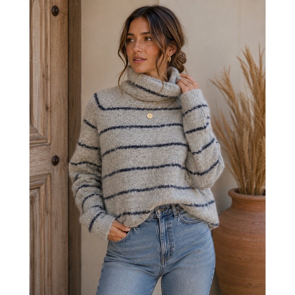 Madewell Wool Alpaca Blend Striped Turtleneck Sweater Gray Navy Size S